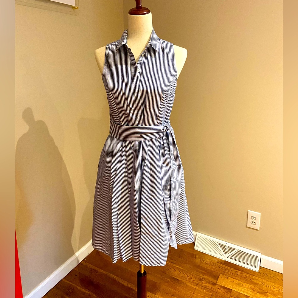 Ann Taylor Factory Navy and White Striped Sleeveless Midi Shirt Dress
